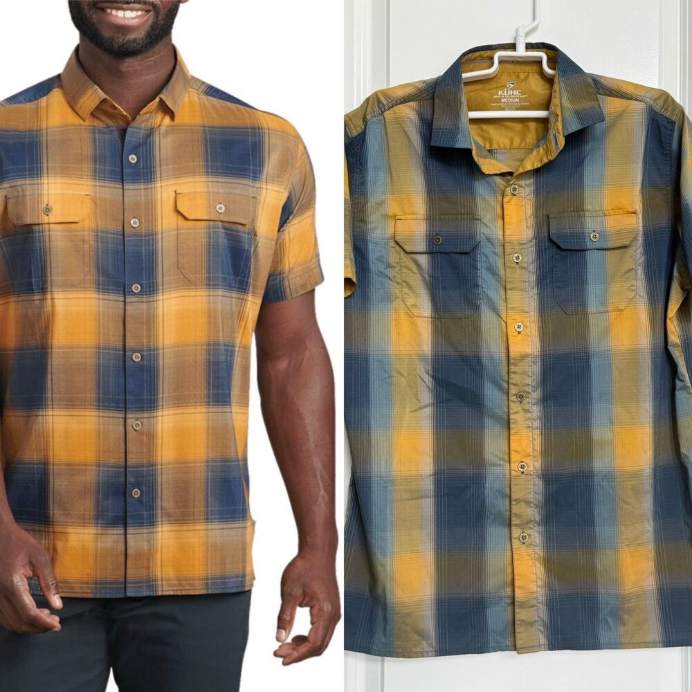 KUHL Response Button Down Short Sleeve Plaid Shirt Mens M Blue Yellow Outdoors